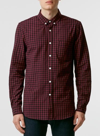 Topman Mens Red Burgundy Gingham Long Sleeve Casual Shirt