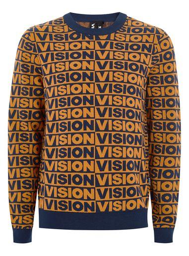Topman Mens Vision Street Wear Navy And Orange Repeat Sweater