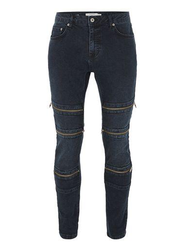 Topman Mens Dark Blue Wash Zip Spray On Jeans