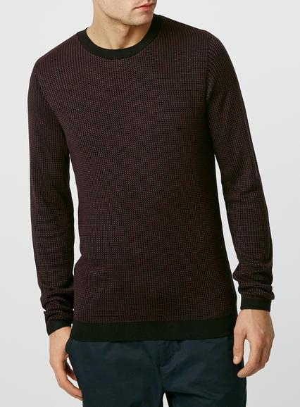Topman Mens Red Burgundy Mini Pattern Crew Jumper