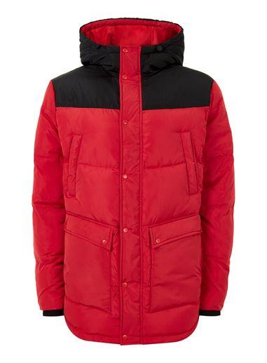 Topman Mens Black Red Cut And Sew Puffer Jacket