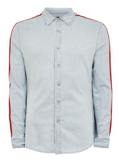 Topman Mens Blue Bleach Red Taping Long Sleeve Shirt