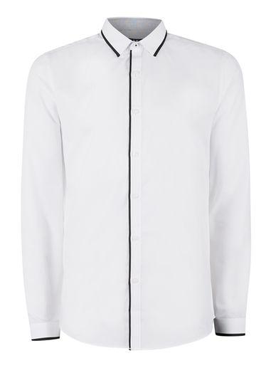 Topman Mens White And Black Trim Slim Fit Dress Shirt