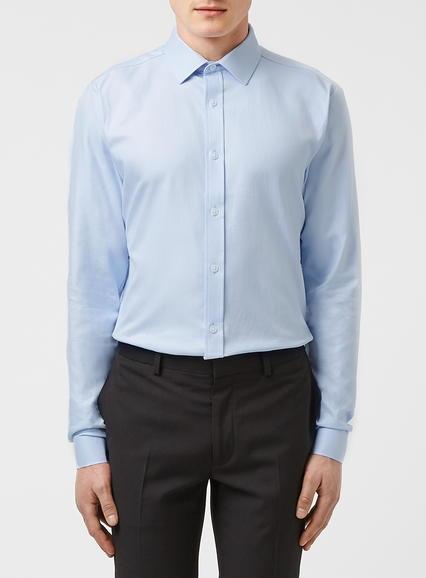 Topman Mens Sky Blue Diagonal Twill Long Sleeve Dress Shirt
