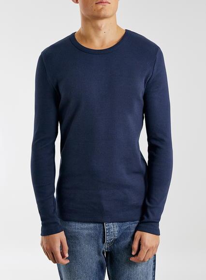 Topman Mens White Navy Ribbed Long Sleeve T-shirt