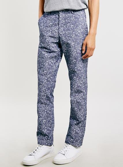 Topman Mens Blue And White Printed Skinny Fit Pants