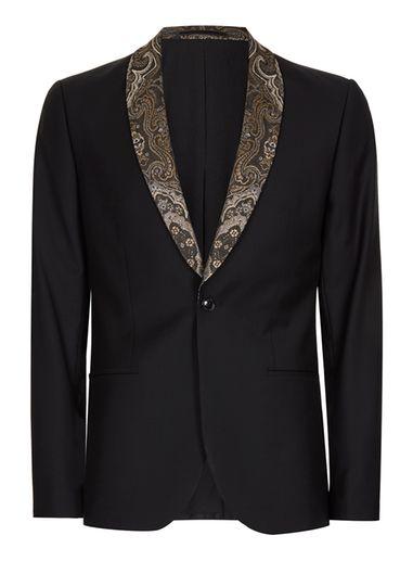 Topman Mens Black Contrast Gold Lapel Skinny Fit Tuxedo Jacket