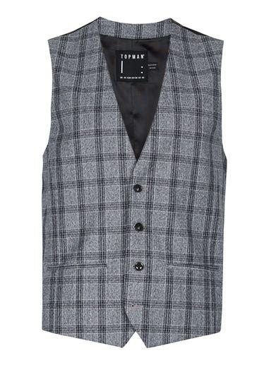 Topman Mens Mid Grey Grey And Blue Check Skinny Fit Suit Vest