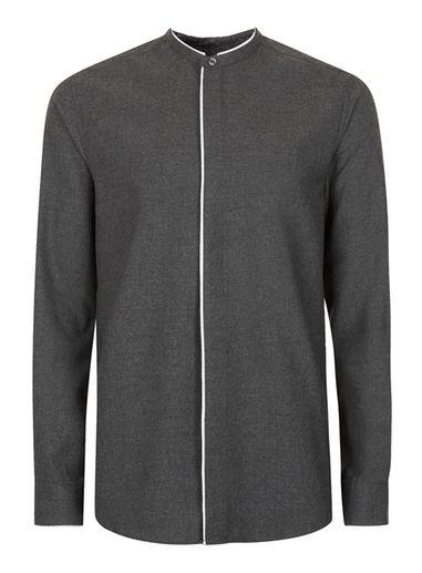 Topman Mens Grey And White Stand Collar Slim Fit Dress Shirt