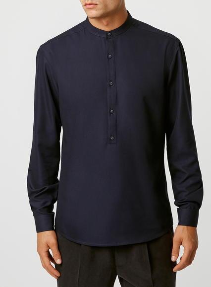Topman Mens Blue Lux Navy Pleat Detail Stand Collar Shirt