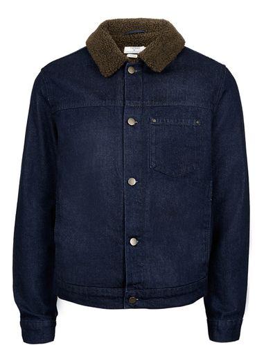 Topman Mens Blue Indigo Faux Shearling Collar Jacket