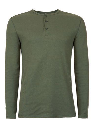 Topman Mens Green Khaki Textured Grandad Collar Long Sleeve T-shirt
