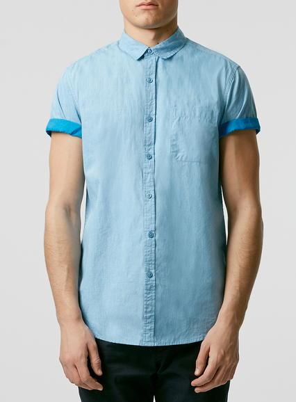 Topman Mens Blue Poplin Short Sleeve Casual Shirt