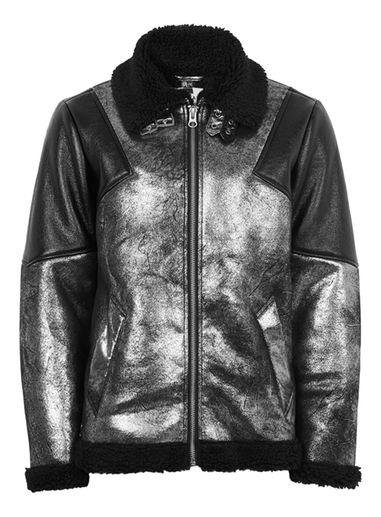 Topman Mens Black Metallic Faux Shearling Biker Jacket