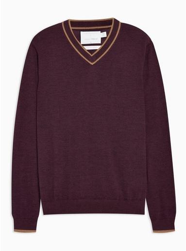 Topman Mens Red Burgundy Merino V Neck Jumper