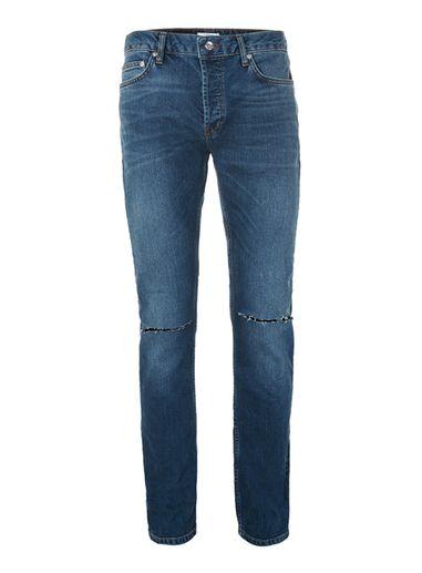 Topman Mens Dark Wash Blue Ripped Stretch Slim Jeans