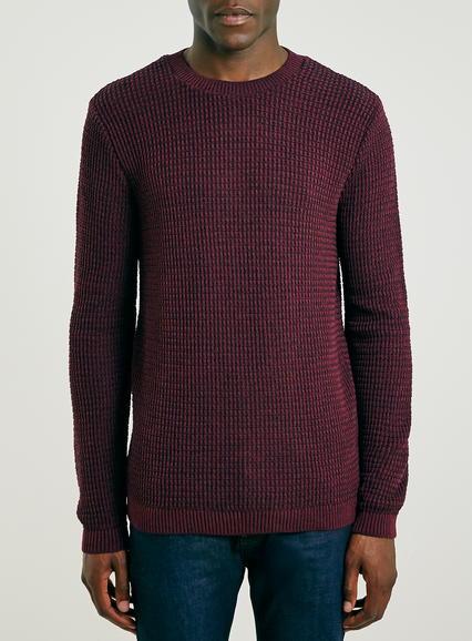 Topman Mens Red Burgundy Grid Stitch Crew Neck Sweater