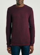 Topman Mens Red Burgundy Grid Stitch Crew Neck Sweater