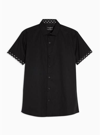 Topman Mens Black Turn Up Geometric Slim Shirt