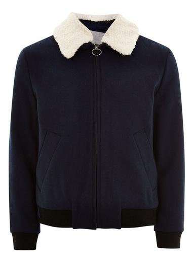 Topman Mens Selected Homme Navy Zip Up Check Borg Collar Jacket