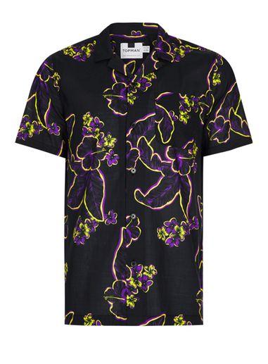 Topman Mens Black And Purple Hawaiian Floral Print Shirt