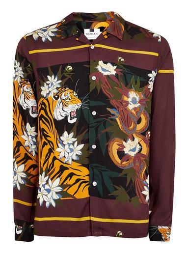 Topman Mens Multi Tiger And Snake Print Revere Long Sleeve Shirt