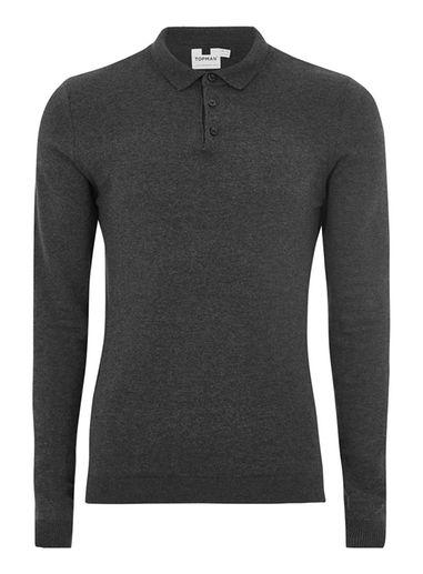 Topman Mens Grey Charcoal Gray Muscle Fit Knitted Polo