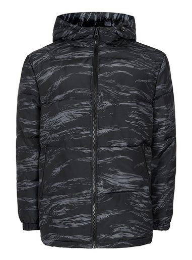 Topman Mens Multi Black And Grey Printed Hooded Puffer Jacket