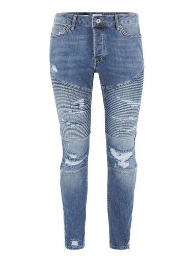 Topman Mens Blue Light Wash Skinny Zip Biker Jeans