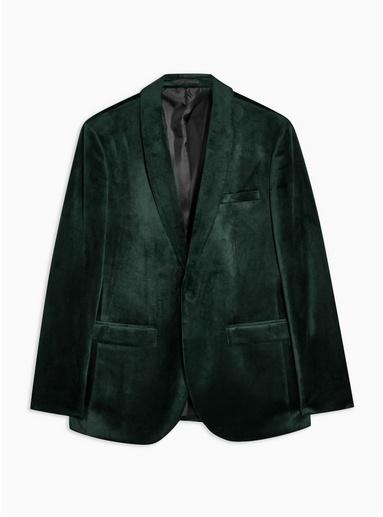 Topman Mens Green Skinny Fit Velvet Blazer With Shawl Lapel