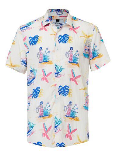 Topman Mens White And Multicoloured Hula Print Viscose Short Sleeve Casual Shirt