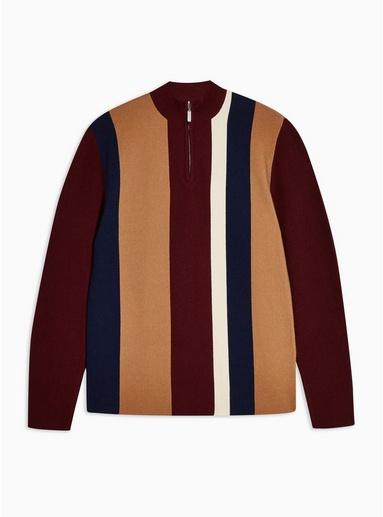Topman Mens Multi Burgundy And Toffee Stripe Half Zip Jumper