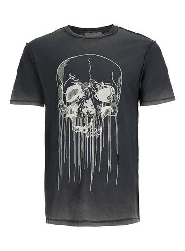 Topman Mens Black Charcoal Skull Embroidered T-shirt