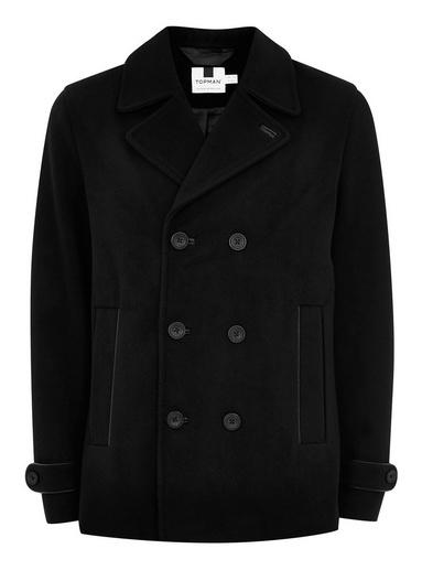 Topman Mens Black Wool Blend Peacoat