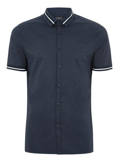 Topman Mens Navy And White Tipped Muscle Fit Shirt