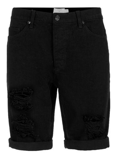 Topman Mens Black Ripped Slim Denim Shorts