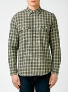 Topman Mens Green Khaki Check Vintage Style Long Sleeve Casual Shirt