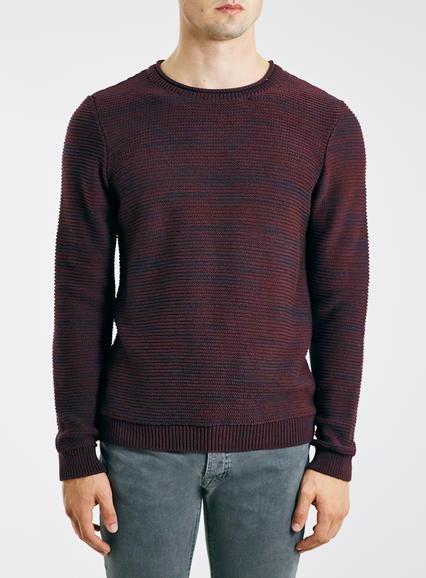 Topman Mens Red Burgundy Rib Rolled Crew Neck Sweater