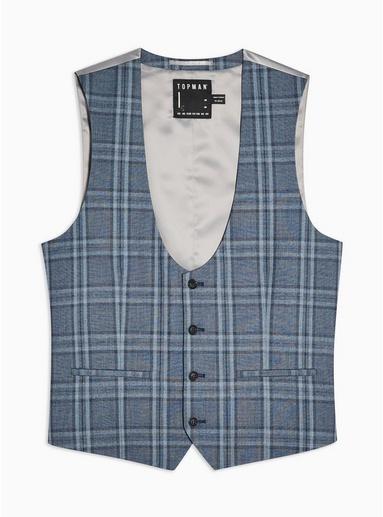 Topman Mens Blue Check Slim Fit Suit Waistcoat