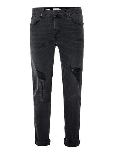 Topman Mens Dark Grey Distressed Stretch Skinny Jeans