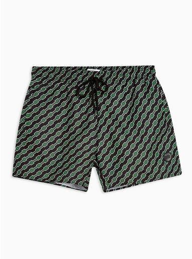 Topman Mens Black And Green Geometric Print Swim Shorts