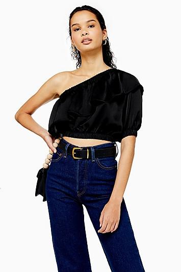 Topshop Black Satin One Shoulder Blouse