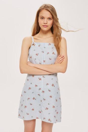 Topshop Striped Floral Mini Pinafore Dress