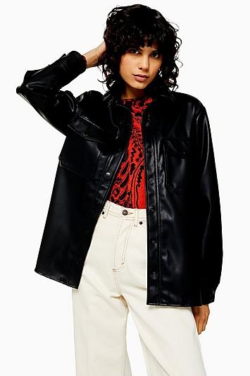 Topshop Black Faux Leather Oversized Shirt