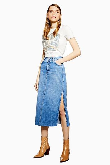 Topshop Petite Side Split Denim Midi Skirt