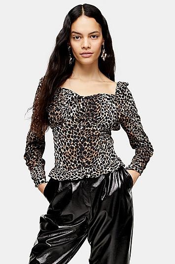Topshop Leopard Ruched Sleeve Prairie Blouse