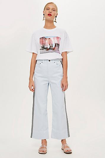 Topshop Pale Blue Cropped Wide Leg Side Stripe Jeans