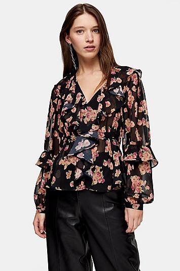Topshop Floral Print Ruffle Blouse