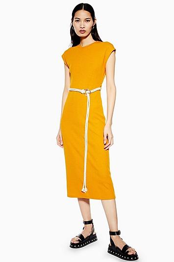 Topshop Mustard Rope Belt Midi Dress