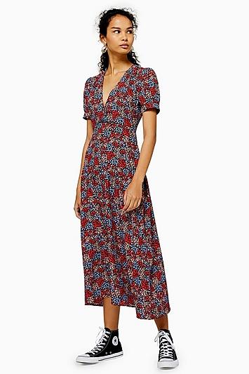 Topshop Floral Print Cluster Midi Dress
